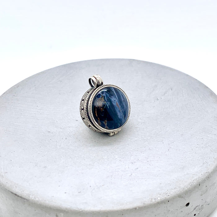 Blue Pietersite Circle Locket Necklace