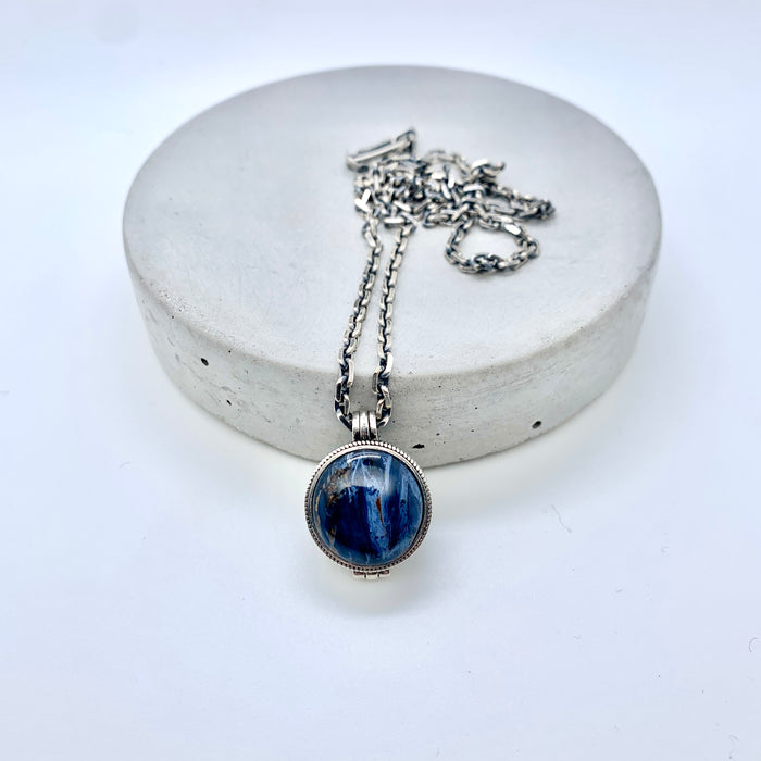 Blue Pietersite Circle Locket Necklace