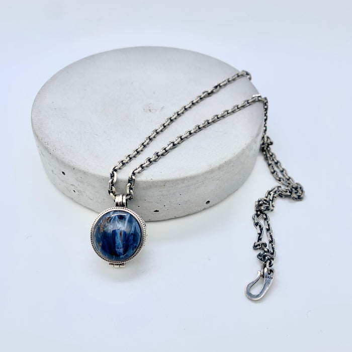 Blue Pietersite Circle Locket Necklace