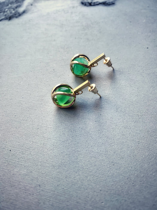 Tiny Chrysoprase Pebble in Golden Lantern Earrings