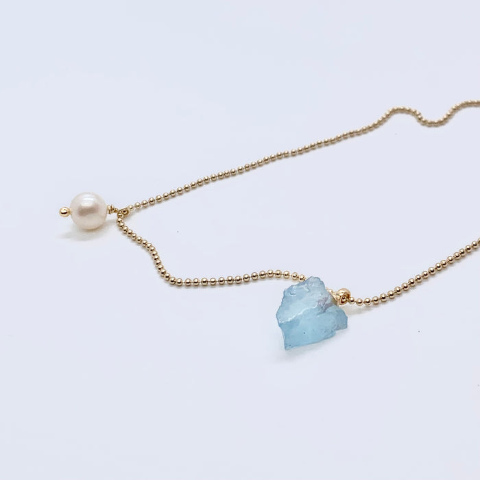Aquamarine Pebble & Pearl Necklace