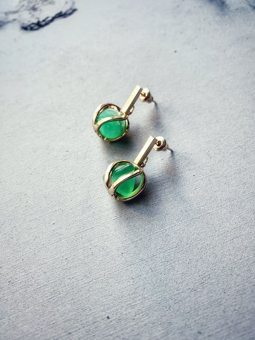 Tiny Chrysoprase Pebble in Golden Lantern Earrings