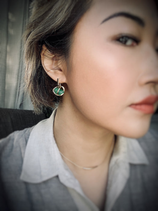 Tiny Chrysoprase Pebble in Golden Lantern Earrings