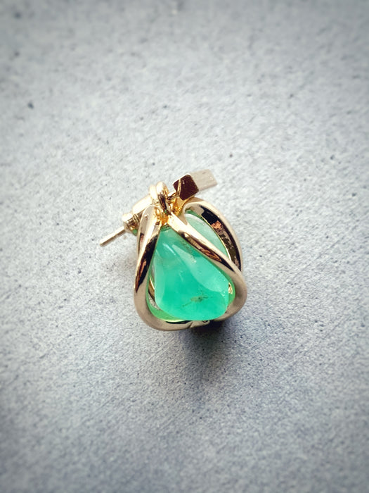 Tiny Chrysoprase Pebble in Golden Lantern Earrings