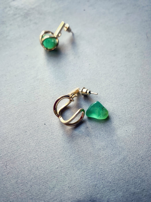 Tiny Chrysoprase Pebble in Golden Lantern Earrings