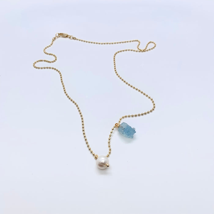 Aquamarine Pebble & Pearl Necklace
